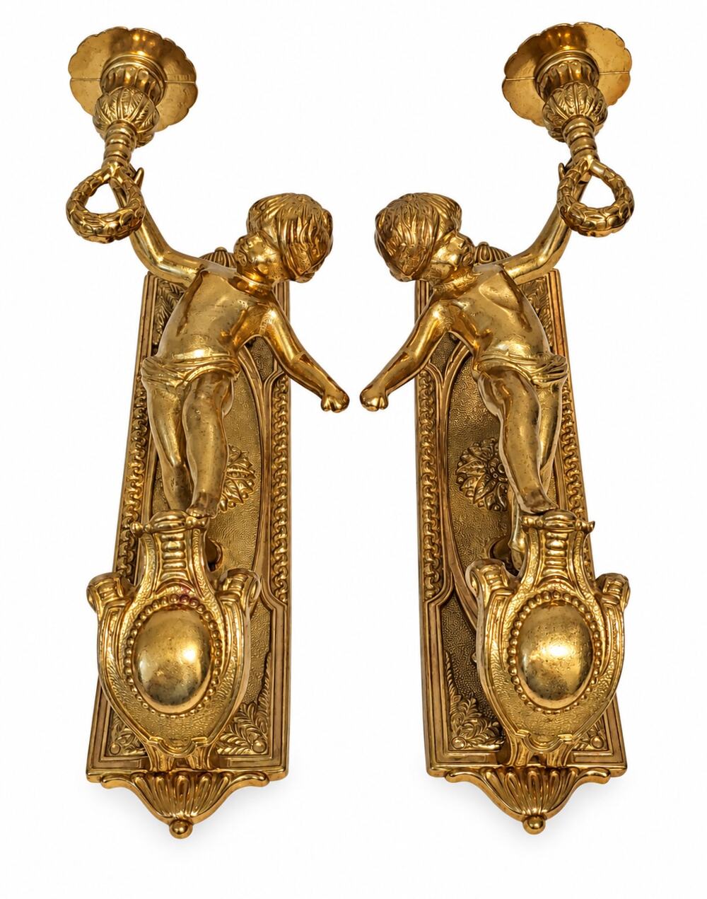 Vintage Brass Cherub Wall Sconces Made Italy Ornate Candle Holder Rococo Baroque